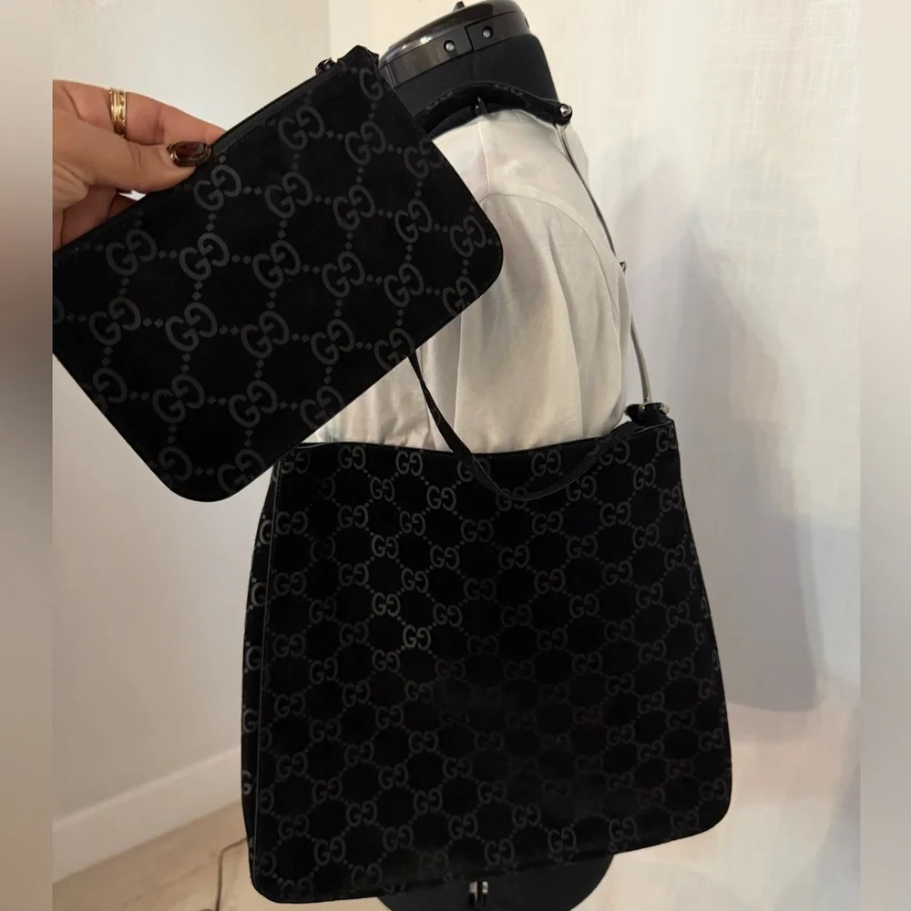 RARE Vintage Gucci Black Suede Monogram Metal Horsebit Strap Hobo Bag - Picture 8 of 17